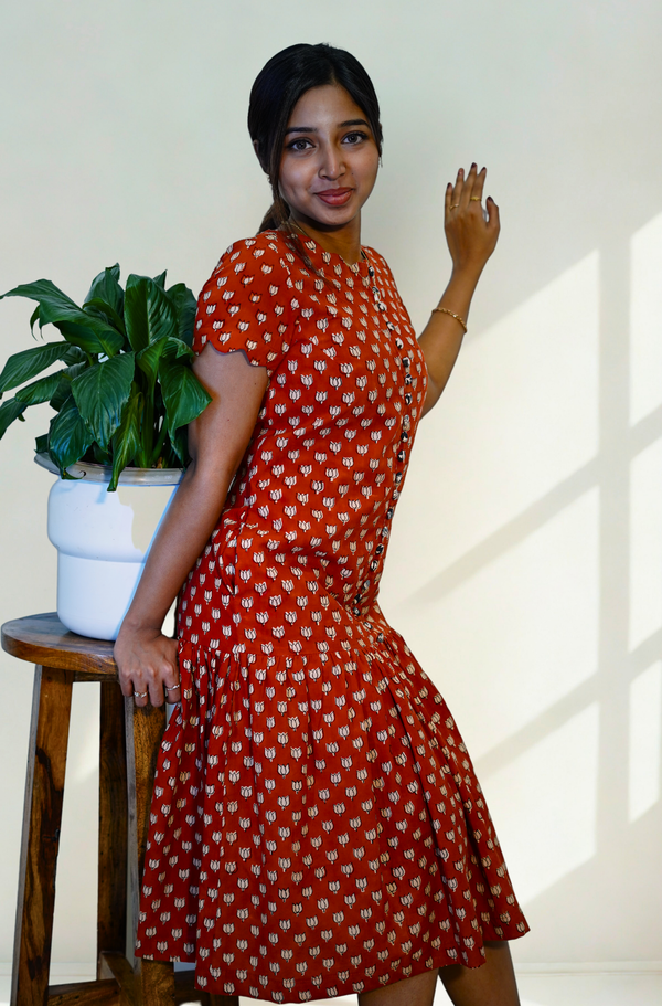 Brick Red Scalloped neck dress