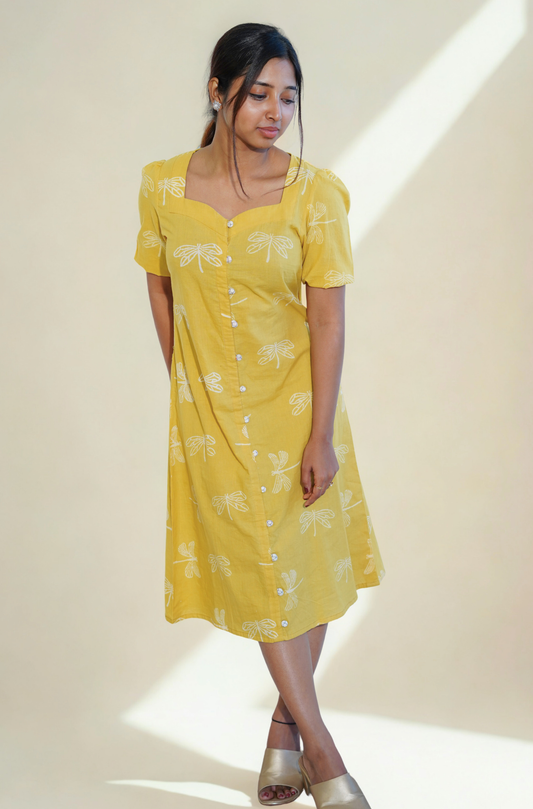 Golden Ochre Dragonfly A-line Comfort Dress