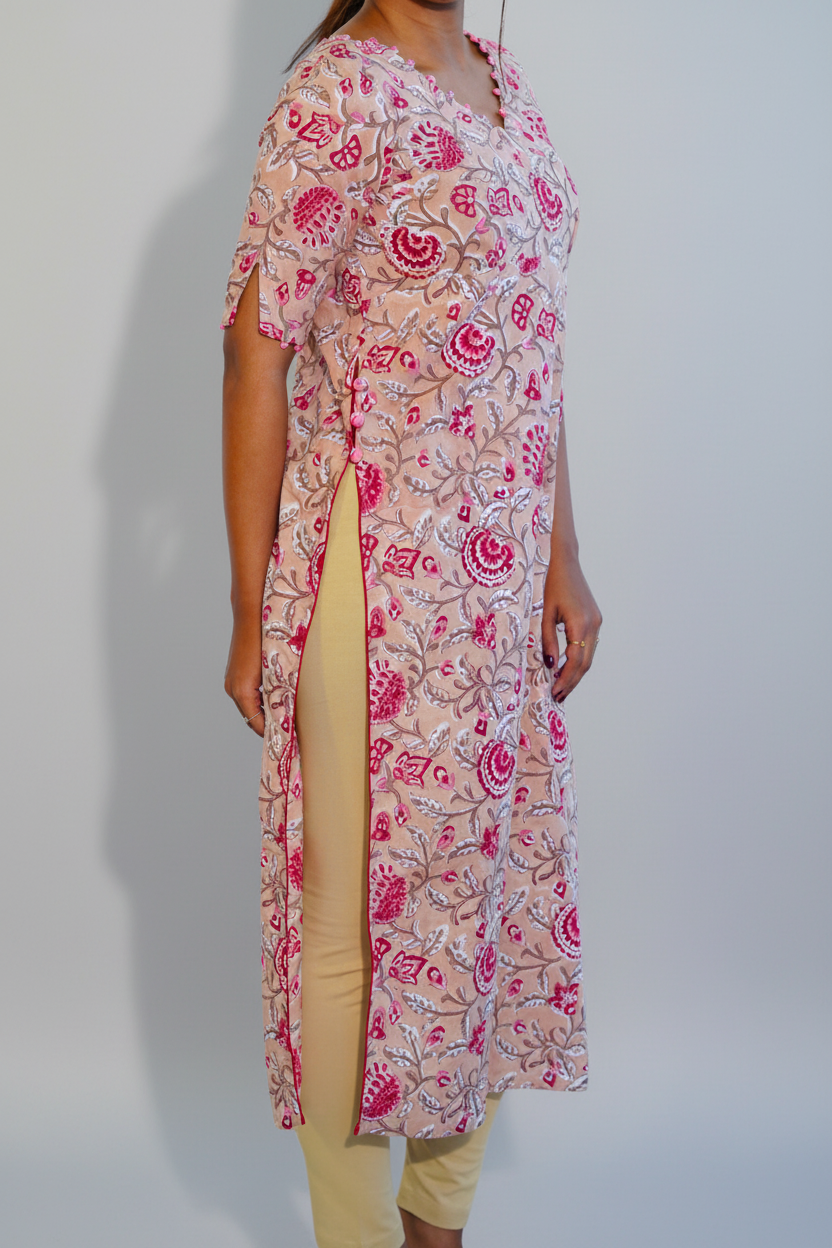 Beige Floral V Neck Kurta