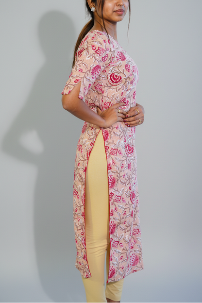 Beige Floral V Neck Kurta