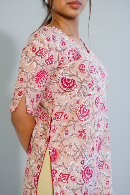 Beige Floral V Neck Kurta