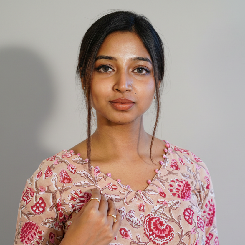 Beige Floral V Neck Kurta