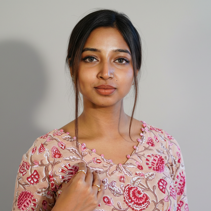 Beige Floral V Neck Kurta