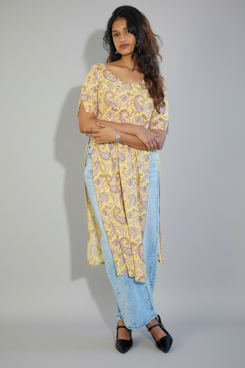 Yellow Paisley V Neck Kurta