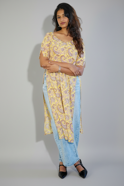 Yellow Paisley V Neck Kurta