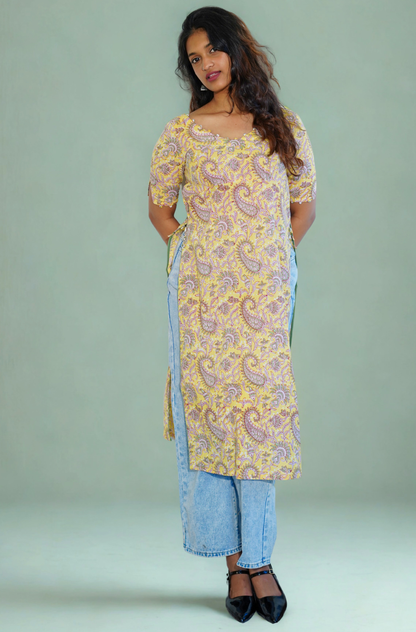 Yellow Paisley V Neck Kurta