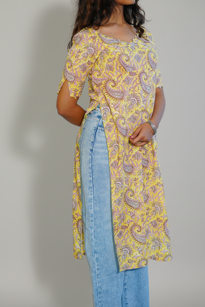 Yellow Paisley V Neck Kurta