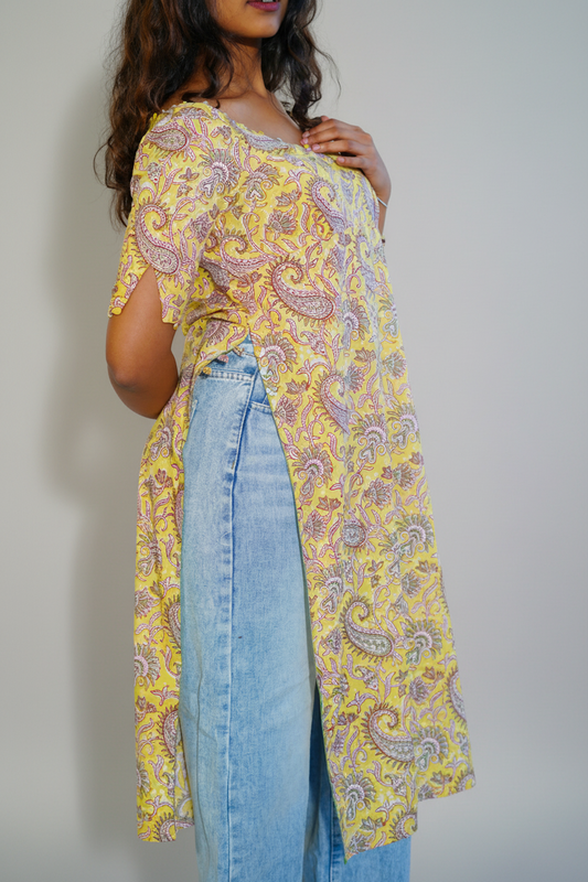Yellow Paisley V Neck Kurta