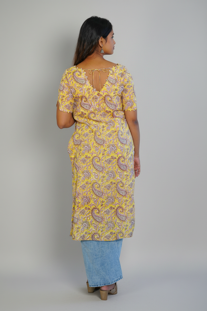 Yellow Paisley V Neck Kurta