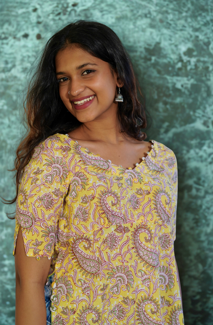 Yellow Paisley V Neck Kurta