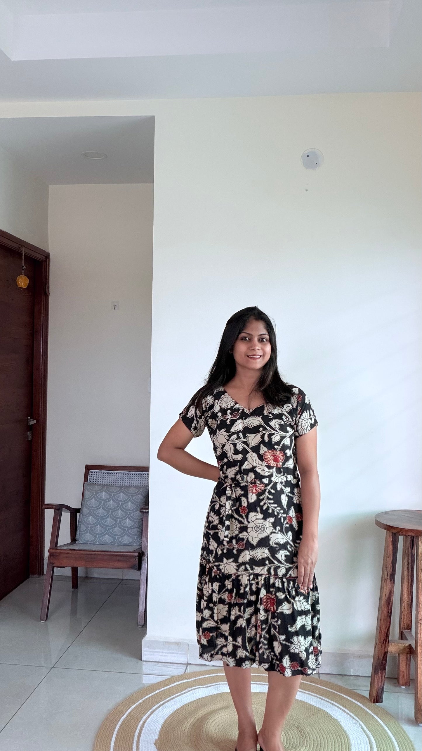 BLACK SILK FLORAL A-LINE DRESS