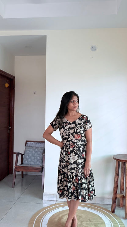 BLACK SILK FLORAL A-LINE DRESS
