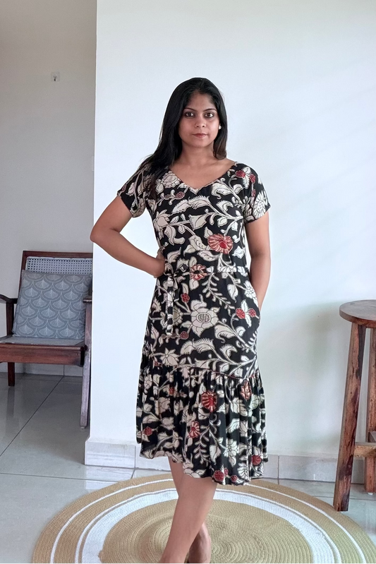 BLACK SILK FLORAL A-LINE DRESS