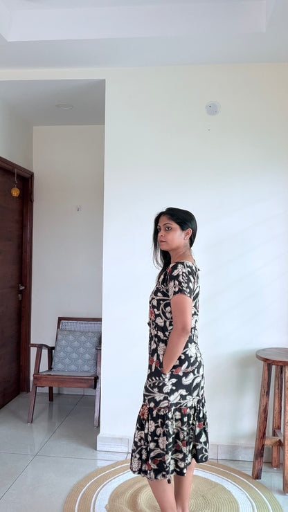 BLACK SILK FLORAL A-LINE DRESS