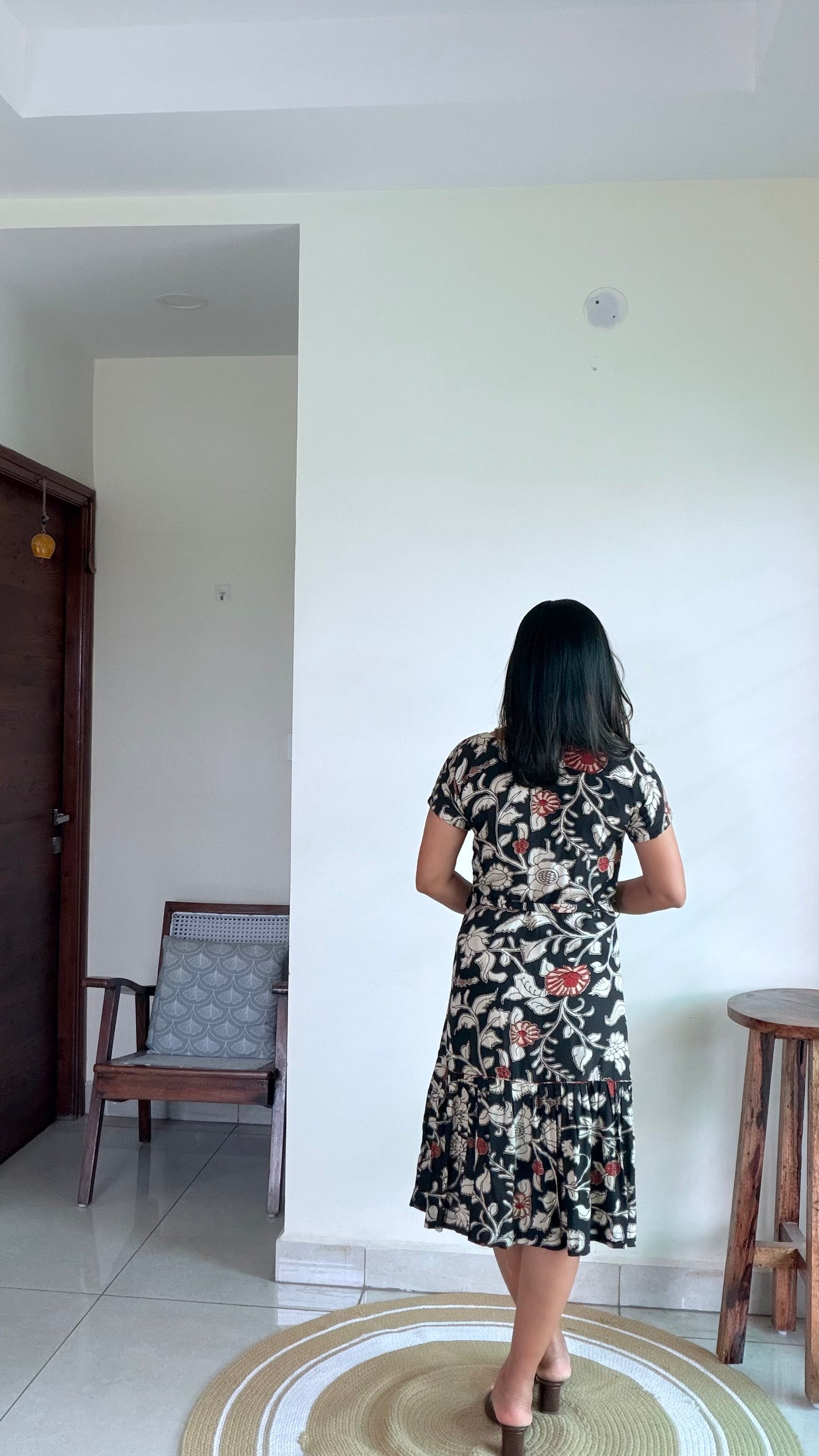 BLACK SILK FLORAL A-LINE DRESS
