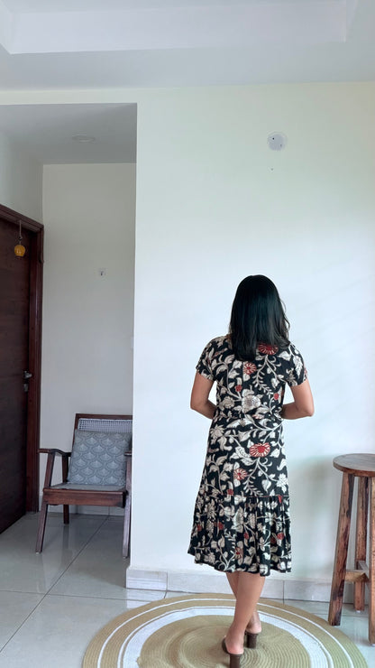BLACK SILK FLORAL A-LINE DRESS
