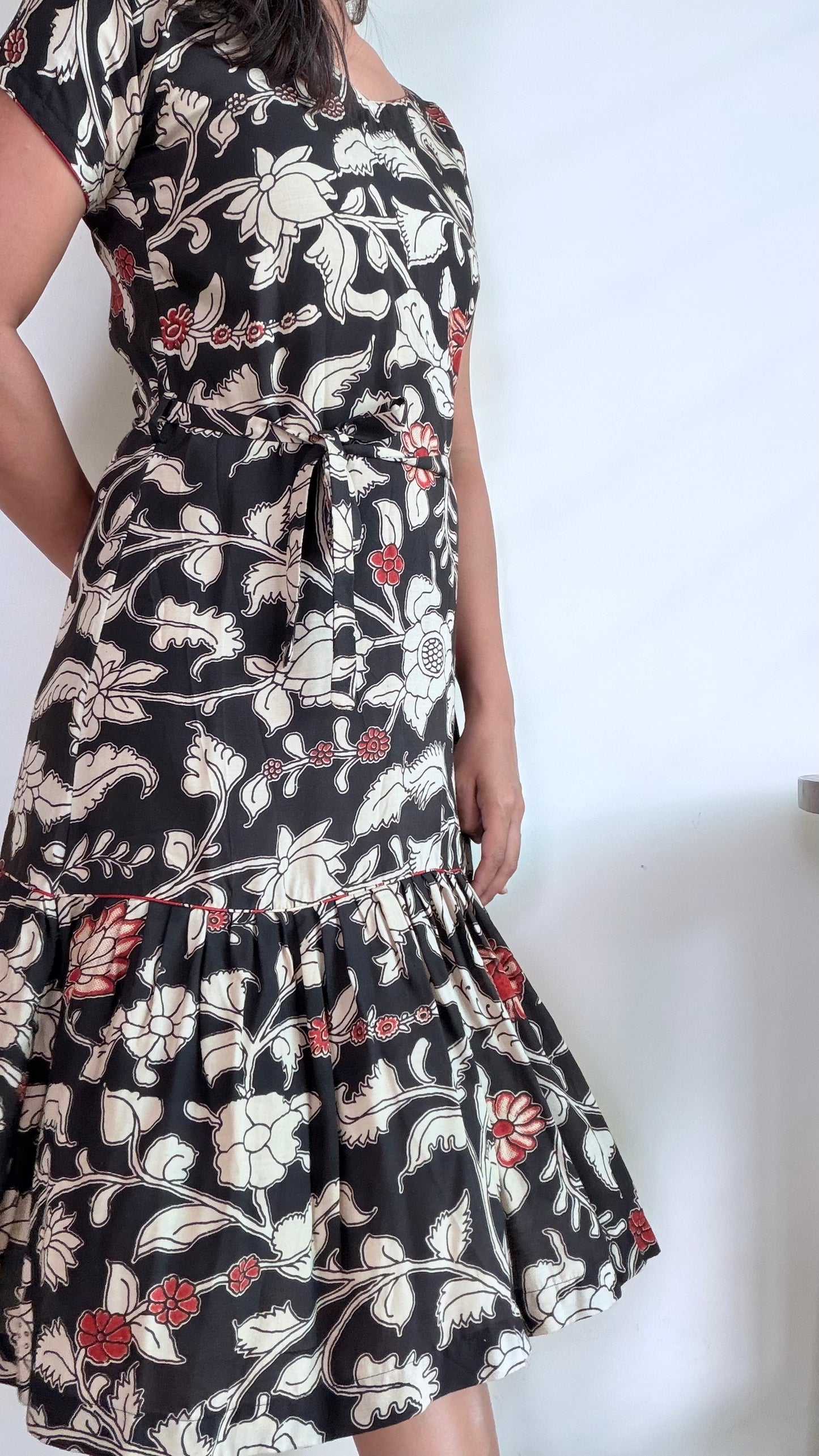 BLACK SILK FLORAL A-LINE DRESS