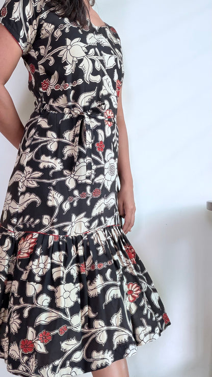 BLACK SILK FLORAL A-LINE DRESS